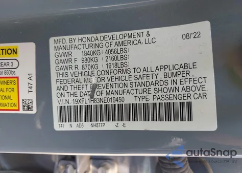 2022 Honda Civic Sport Touring from USA, damaged, VIN 19XFL1H83NE019450